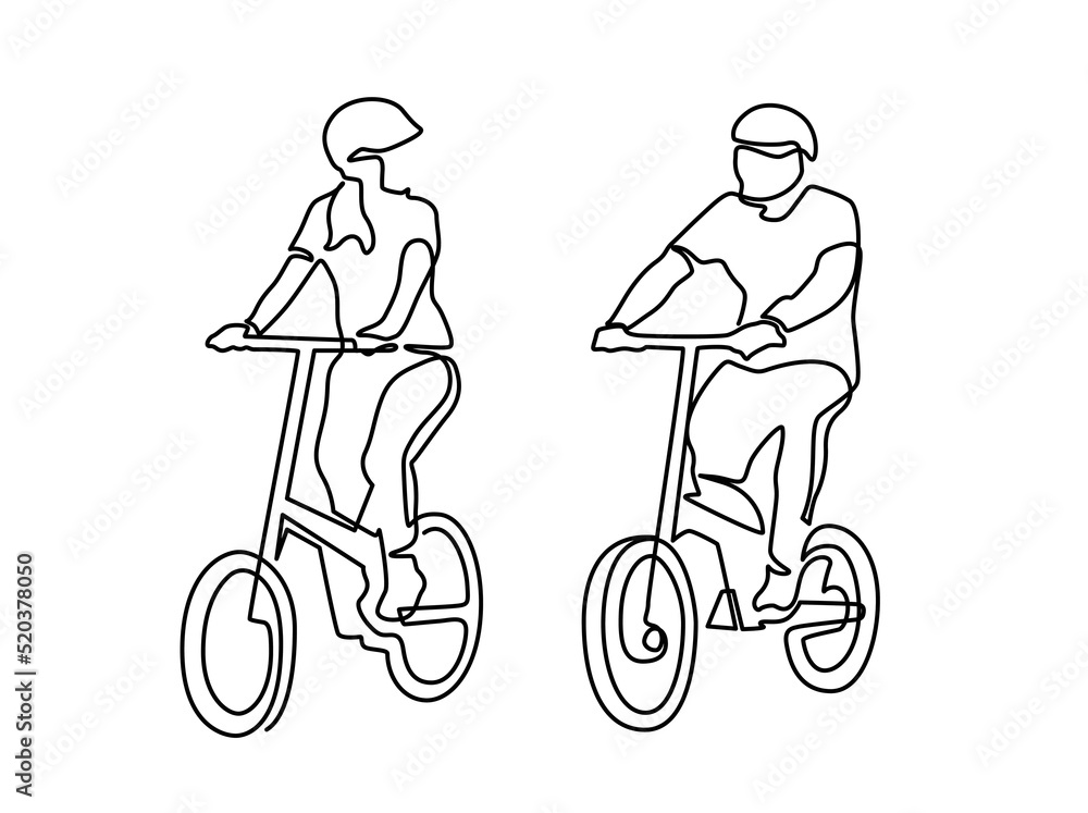 Continuous line drawing of happy woman and man cycling ride folded bicycle. Young girl and man riding bicycle on the street isolated on white background. Healthy lifestyle concept. Vector illustration Continuous line drawing of happy woman and man cycling ride folded bicycle. Young girl and man riding bicycle on the street isolated on white background. Healthy lifestyle concept. Vector illustration