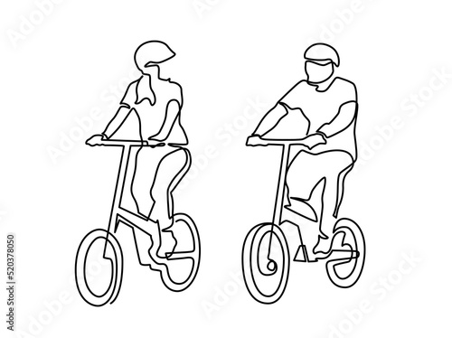 Continuous line drawing of happy woman and man cycling ride folded bicycle. Young girl and man riding bicycle on the street isolated on white background. Healthy lifestyle concept. Vector illustration