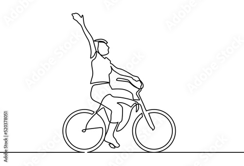 Continuous one line drawing woman girl on a bicycle. One continuous line drawing of a girl riding bicycle. A cute woman enjoy riding her cycle in the morning to exercise. Healthy lifestyle theme