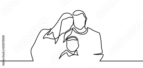 Continuous line drawing of happy family father, mother and one child playing. vector illustration isolated on white background. Continuous line drawing of family holding their children