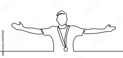 One line man holding medal of winner symbol. Award and reward continuous hand drawn sketch vector illustration with simplicity design. Man celebrating his win. Footballer won the medal.Proud sportsman