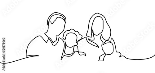 Continuous line drawing of happy family father, mother and one child playing. vector illustration isolated on white background. Continuous line drawing of family holding their children