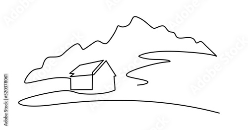 Rural landscape continuous one line vector drawing. house in the woods hand drawn silhouette. Country nature panoramic sketch. Village minimalistic contour illustration. Isolated design element