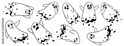 Set of line sketches of Halloween ghosts.Vector graphics.