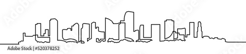 Modern cityscape continuous one line vector drawing. Metropolis architecture panoramic landscape. New York skyscrapers hand drawn silhouette. Apartment buildings isolated minimalistic illustration.