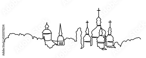 Continuous line vector Christian churches in the woods. One line drawing of churches. Ukraine, Kyiv church vector illustration.