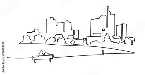 Modern cityscape continuous one line vector drawing. Metropolis architecture panoramic landscape. New York skyscrapers hand drawn silhouette. Apartment buildings isolated minimalistic illustration.