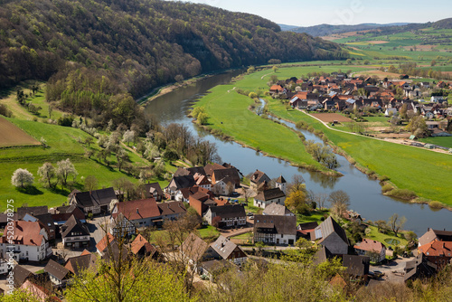 High angle view of the picturesque villages of Rühle and Pegestorf alongside the Weser river, Rühler Schweiz, Weserbergland, Germany photo