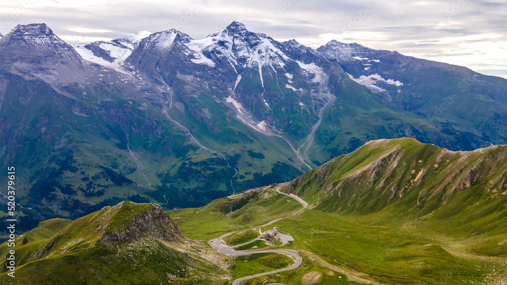 Fototapeta premium Central Eastern Alps - Austria-panorama view with the most beautiful alpine road in Austria-Großglockner, aerial drone view