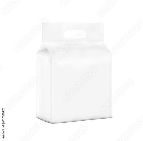 Realistic plastic stand bag with hand mockup. Vector illustration isolated on white background. Ready for your design. Suite for the presentation of diaper, pets, foods, household, wet wipes, etc.	