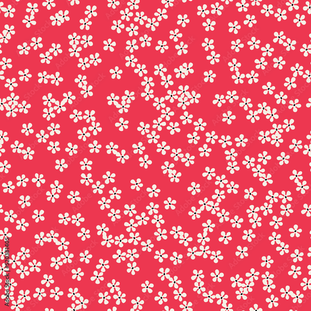Floral seamless pattern with cute small white flowers on red background. Ditsy print for fabric, textile, baby clothes, bed linen.