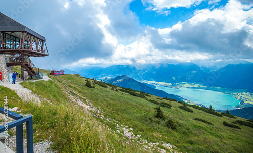 Amazing view from Schafberg by St. Sankt Wolfgang im in Salzkammergut, Haus house Schafbergspitze, lake Mondsee, Moonlake. Blue sky, alps mountains. Upper Austria, Salzburg, near Wolfgangsee, Attersee photo