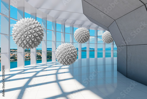 Fototapeta Naklejka Na Ścianę i Meble -  Illustration with balls flying through a light tunnel. 3d photo wallpapers. 3d image.