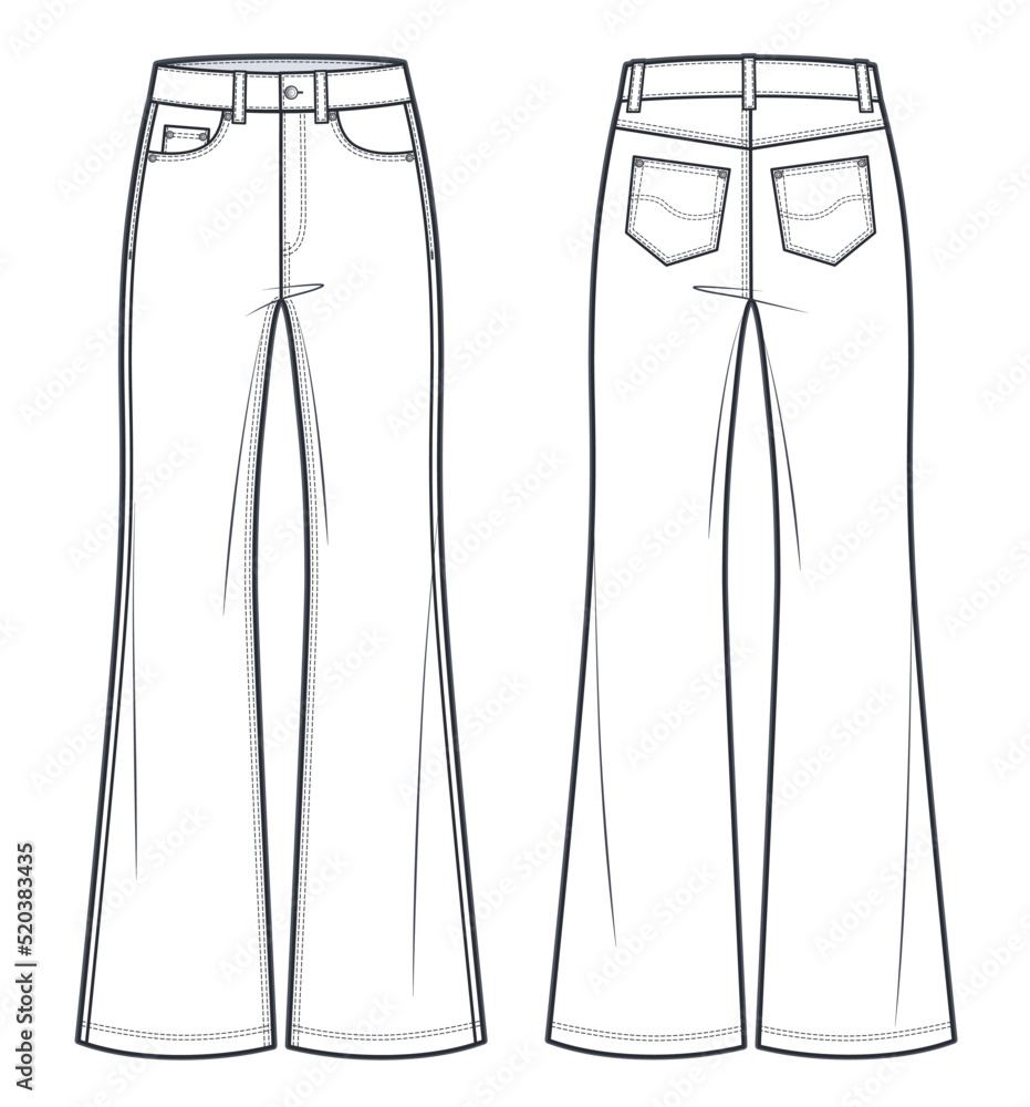 Unisex Jeans flared bottom Denim pants technical fashion illustration. Jeans pants with full length, medium waist, flared fit, women, men, front view, back view, white, unisex CAD mockup. - obrazy, fototapety, plakaty 
