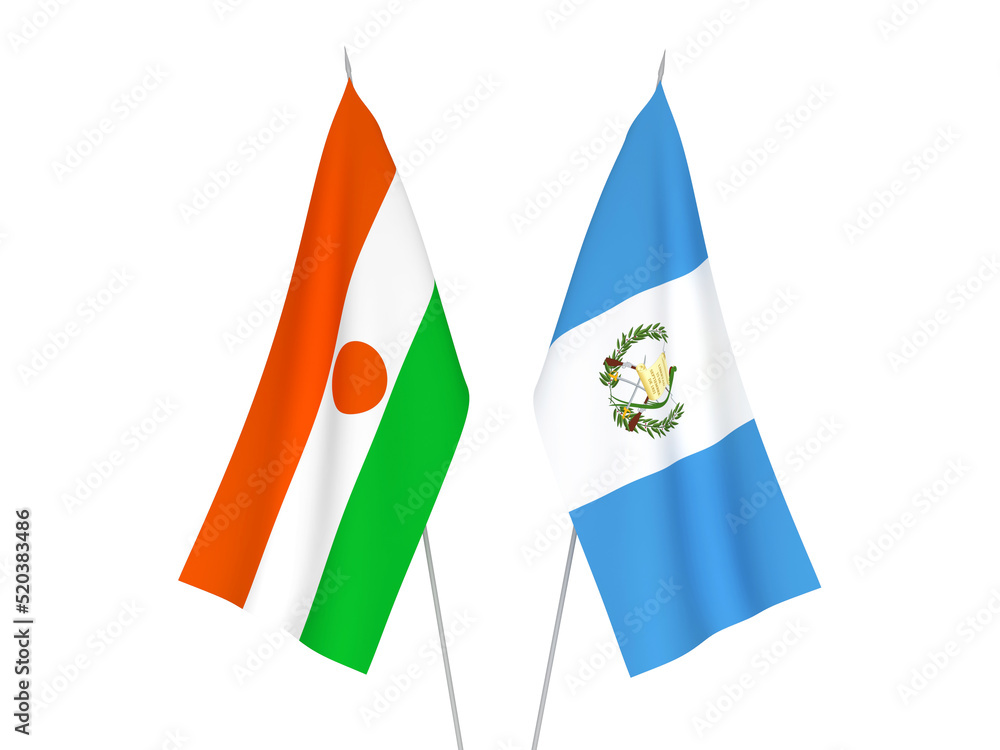 National fabric flags of Republic of the Niger and Republic of Guatemala isolated on white background. 3d rendering illustration. National fabric flags of Republic of the Niger and Republic of Guatemala isolated on white background. 3d rendering illustration.
