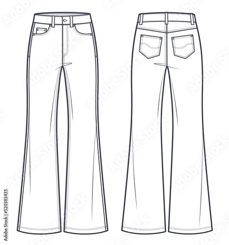Unisex Jeans flared bottom Denim pants technical fashion illustration. Jeans pants with full length, medium waist, flared fit, women, men, front view, back view, white, unisex CAD mockup.