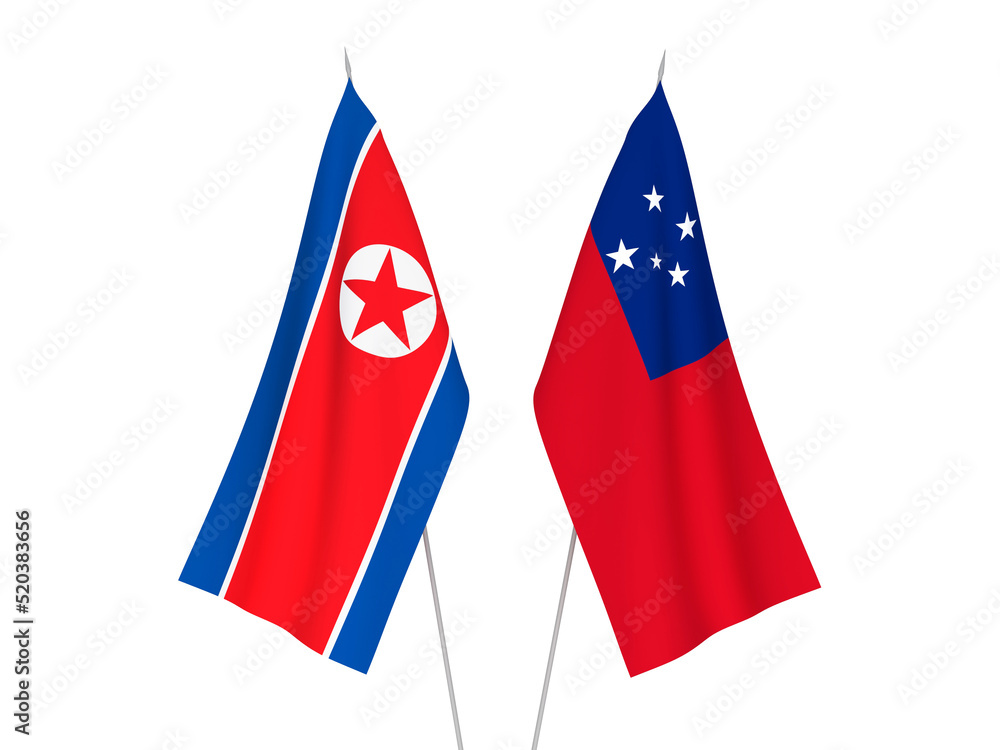 National fabric flags of Independent State of Samoa and North Korea isolated on white background. 3d rendering illustration.