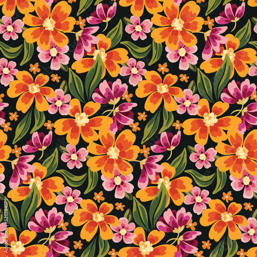 Seamless floral pattern, colorful ditsy print in retro style. Multicolored botanical background with hand drawn plants, various small flowers, leaves. Vector illustration.