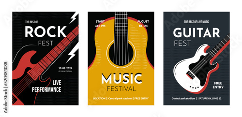 Acoustic guitar music posters. Banners for rock concert, indie band and jazz event on country festival, vintage vertical banners. Promotional flyers. Vector cartoon flat style illustration
