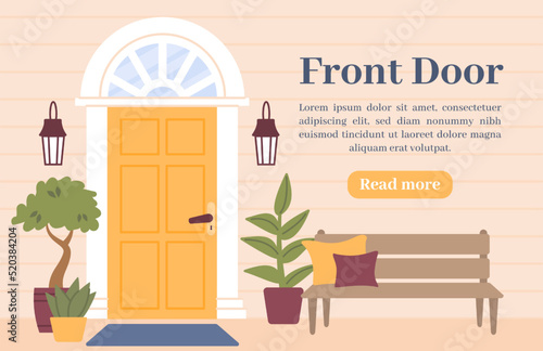 Door outside home. Exterior wall with architecture elements. Entrance with flowers. Building outdoor. Real estate. Residence architecture. Bench and houseplants. Vector design background
