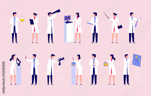 Lab scientists in coats. People in science laboratory. Biologist and doctor with scientific equipment. Woman and man characters. Chemists holding test tubes. Vector illustration set