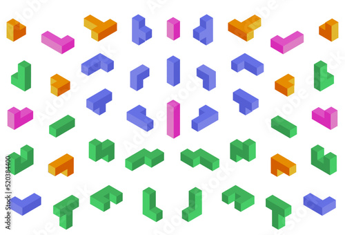 3D isometric puzzle. Game isolated elements collection. Abstract cube fun figures. Video graphic objects. Retro play shapes. Color polygon forms set. Vector geometric background