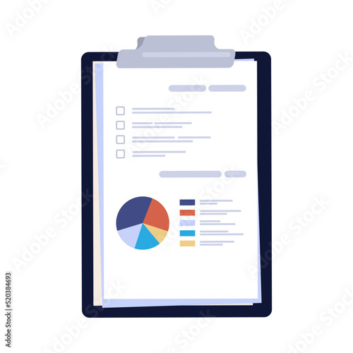 Table top view. Graphic tablet on desk. Paper pages. Clipboard with documents. Office work stationery. Project report with infographics and diagrams. Vector workplace cartoon element