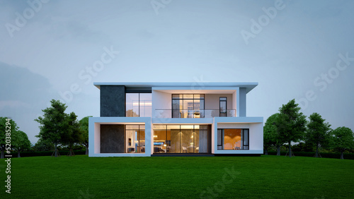Modern house exterior evening view with interior lighting.3d rendering photo