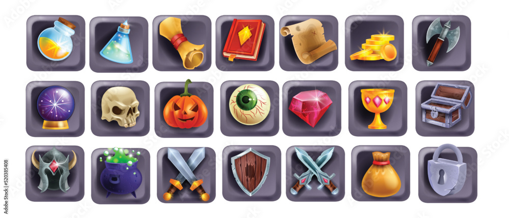 3D game icon set, magic UI badge kit, slot machine cartoon element, golden coin, witch potion, book. Reward resource object, warrior weapon, sword shield, defence skill. Fantasy game icon collection 3D game icon set, magic UI badge kit, slot machine cartoon element, golden coin, witch potion, book. Reward resource object, warrior weapon, sword shield, defence skill. Fantasy game icon collection