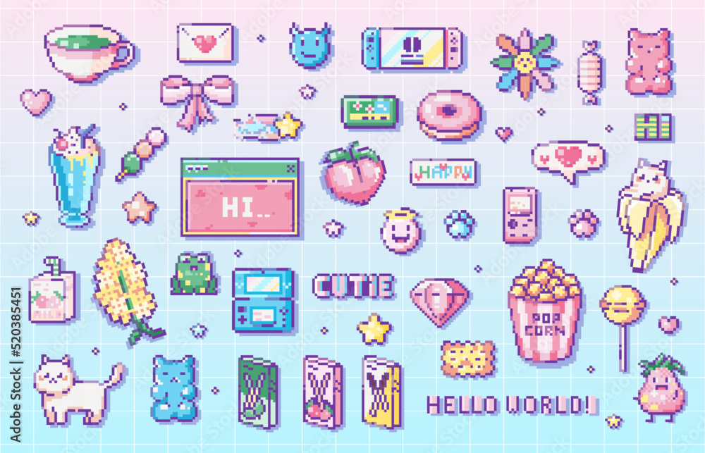 Pixel art Cute gaming clip art pack. 8 bit vintage video game style  decorations set like snacks, sweets, console, handheld pocket games,  animals and decorative elements. Vector cute pixel art stickers Stock