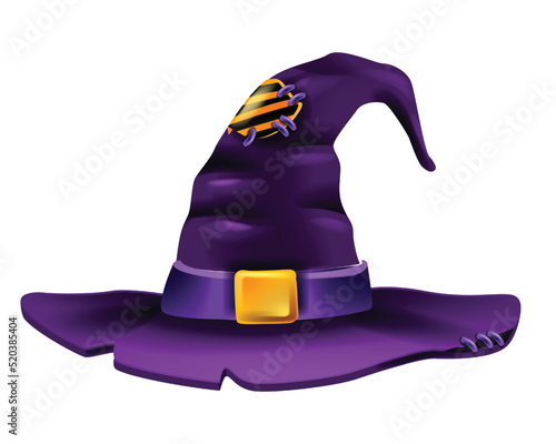 Witch hat vector 3D design element icon, halloween party accessory, cartoon wizard character outfit. Magical fashion purple cap, spooky witchcraft clothes. Witch hat clipart isolated on white