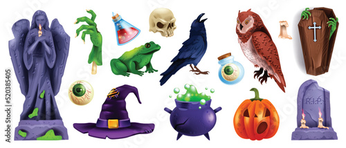 Halloween object sticker set, stone tombstone, vector spooky party badge kit, wooden coffin, eye. Cartoon scary zombie hand, witch hat, magic potion cauldron, owl, frog. Halloween object UI game icon