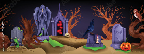 Halloween graveyard seamless background, spooky holiday cemetery landscape, ancient stone cross. Scary night scene, dead tree, graves, creepy zombie hand angel statue. Halloween graveyard illustration