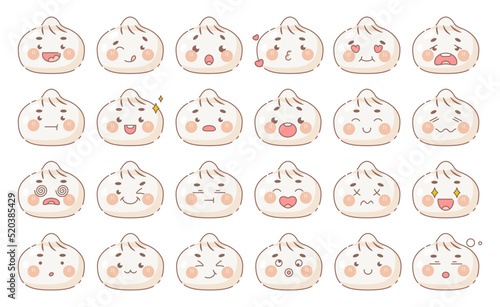 Dumplings fun face emoji icons set. Cute design emoticons sticker collection. Set of vector gyoza face emotions and feeling like happy, angry, sad, laughing, teasing and dizzy.	