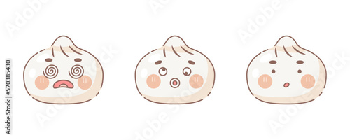 Dumplings emoji set. Modern design emoticons gyoza face icons collection. Set of vector steamed buns with feeling and expressions. Surprised and dazed mood.	