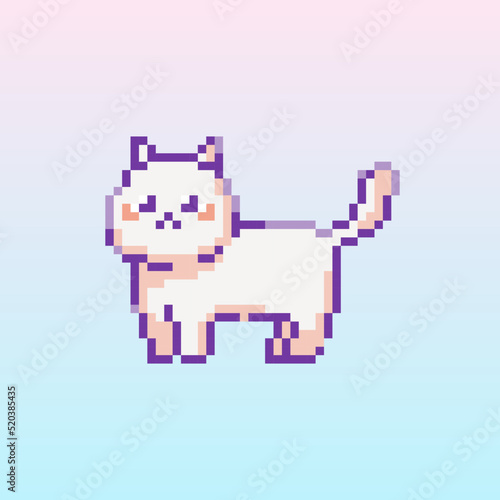Pixel art cat icon. 8 bit vector sticker or smile of kitten in retro 90s gaming style. Mosaic trendy funky pixel kitty sign.
