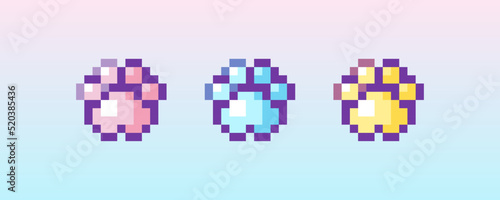Pixel art cat paws icon. 8 bit vector sticker or smile of animal paws set in retro 90s gaming style. Mosaic trendy funky pixel paws sign.
