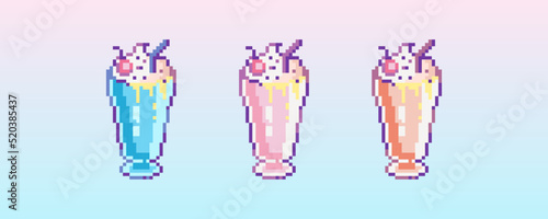 Pixel art milkshake cocktails icon set. 8 bit vector sticker or smile of milkshake cocktails in retro 90s gaming style. Mosaic trendy funky pixel soft ice cream sign.
