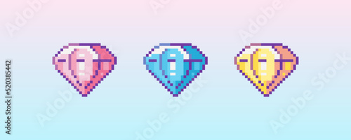 Pixel art diamond icon. 8 bit vector sticker or smile of shiny jewel  in retro 90s gaming style. Mosaic trendy funky luxury crystal item sign.
