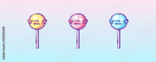 Pixel art lollipop icon. 8 bit vector sticker or smile of lollipop candy set in retro 90s gaming style. Mosaic trendy funky pixel lollipop stick sign. 