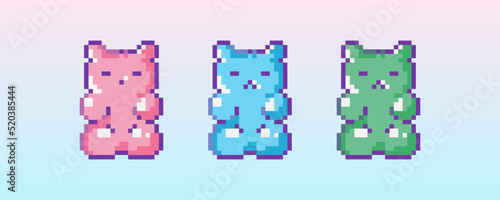 Pixel art marmalade bear icon. 8 bit vector sticker or smile of gummy sweet set in retro 90s gaming style. Mosaic trendy funky pixel pink, blue, green gummy bears sign.

