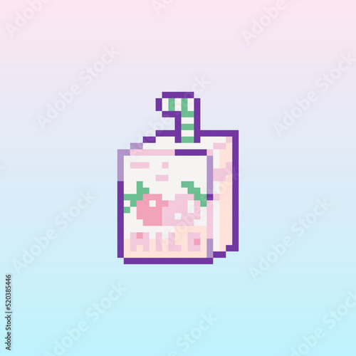 Pixel art strawberry milk icon. 8 bit vector sticker or smile of box of cute strawberry milk in retro 90s gaming style. Mosaic trendy funky pixel milk with a straw sign. 