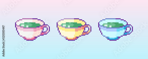Pixel art green tea icon. 8 bit vector sticker or smile of matcha tea in retro 90s gaming style. Mosaic trendy funky pixel cup with japanese matcha tea sign.
