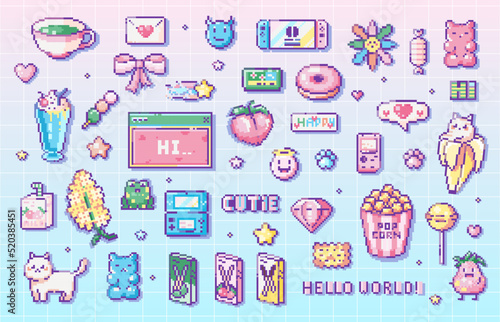 Pixel art Cute gaming clip art pack. 8 bit vintage video game style decorations set like snacks, sweets, console, handheld pocket games, animals and decorative elements. Vector cute pixel art stickers