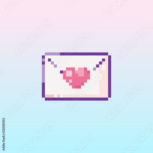 Pixel art envelope icon. 8 bit vector sticker or smile of love letter with heart  in retro 90s gaming style. Mosaic trendy funky pixel letter in envelope sign.
