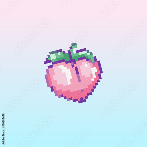 Pixel art peach icon. 8 bit vector sticker or smile of peach fruit in retro 90s gaming style. Mosaic trendy funky pixel peach with leaves sign. © Takoyaki Shop