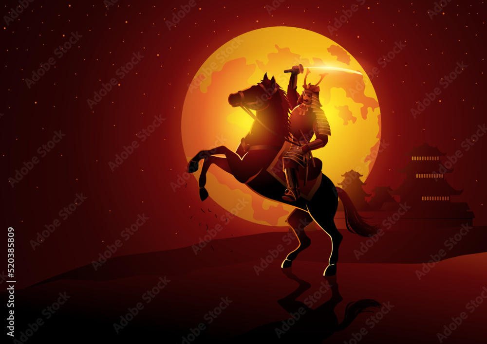 Samurai general on horseback with full moon on the background