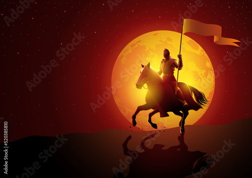 Knight bearing a flag at night during full moon