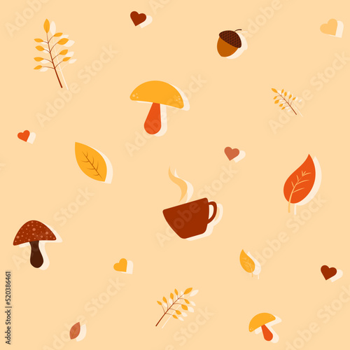 Simple autumn background with fall elements and lines. Repeated pattern. Autumn leaves, mushrooms, hearts, hot coffee. For wallpaper, gift paper, pattern fills, fall greeting cards.