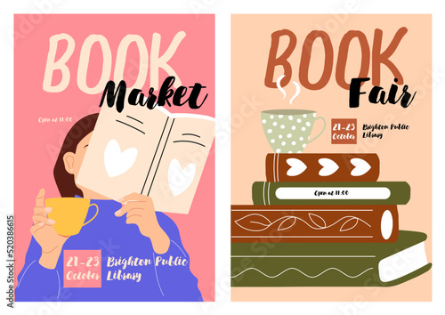 Promo flyer background templates with abstract literature for reading and education event in library, sale in store, bookshop. Book festival, fair ad poster designs.